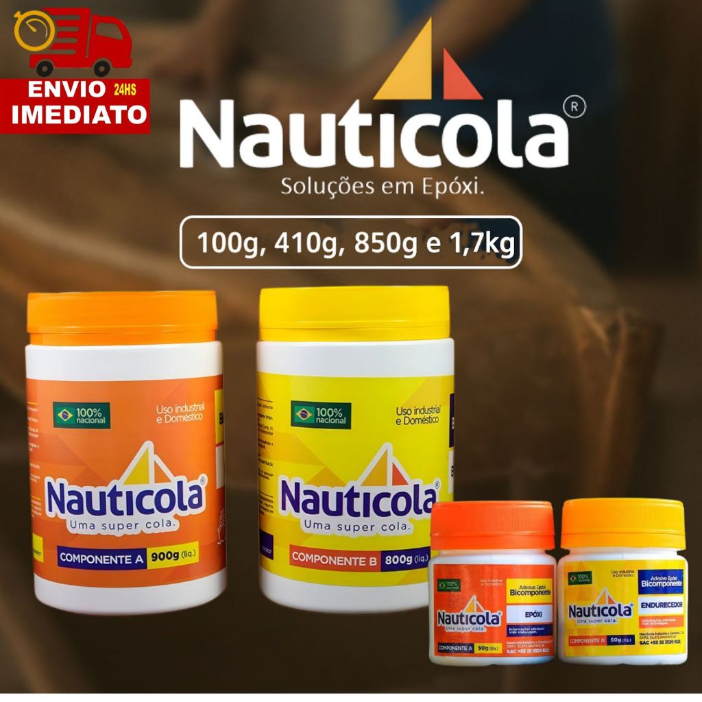 Nauticola Adesivo Epóxi Bicomponente A+B Cola Barco Canoa Madeira Tipo Araldite Calafetagem 100g, 410g, 850g e 1,7kg