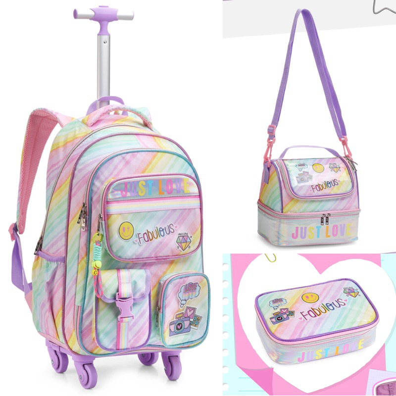 KIT MOCHILA DE RODINHA COM LANCHEIRA E ESTOJO FEMININA JUVENIL JUST DENLEX