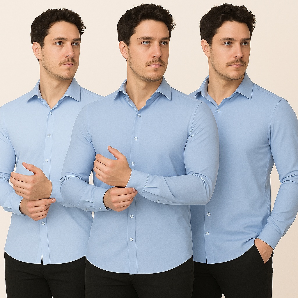 Kit 3 Camiseta Social Manga Longa Slim Fit Algodao Premium Sem Bolso, Fardamento, Escritorio, Loja
