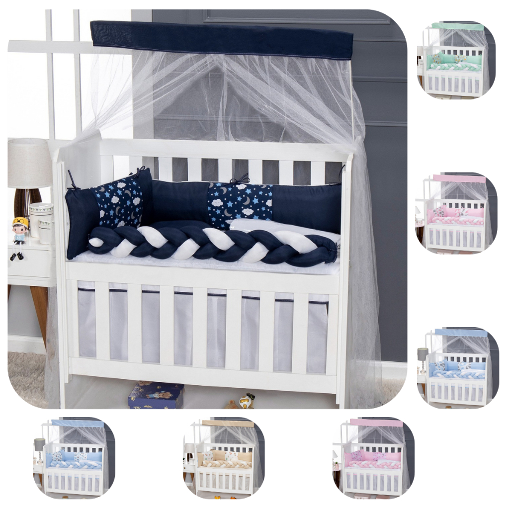 Kit Mini Berço Bebê 05 Peças Completo Trança Menino Menina Com Mosqueteiro Exclusivo