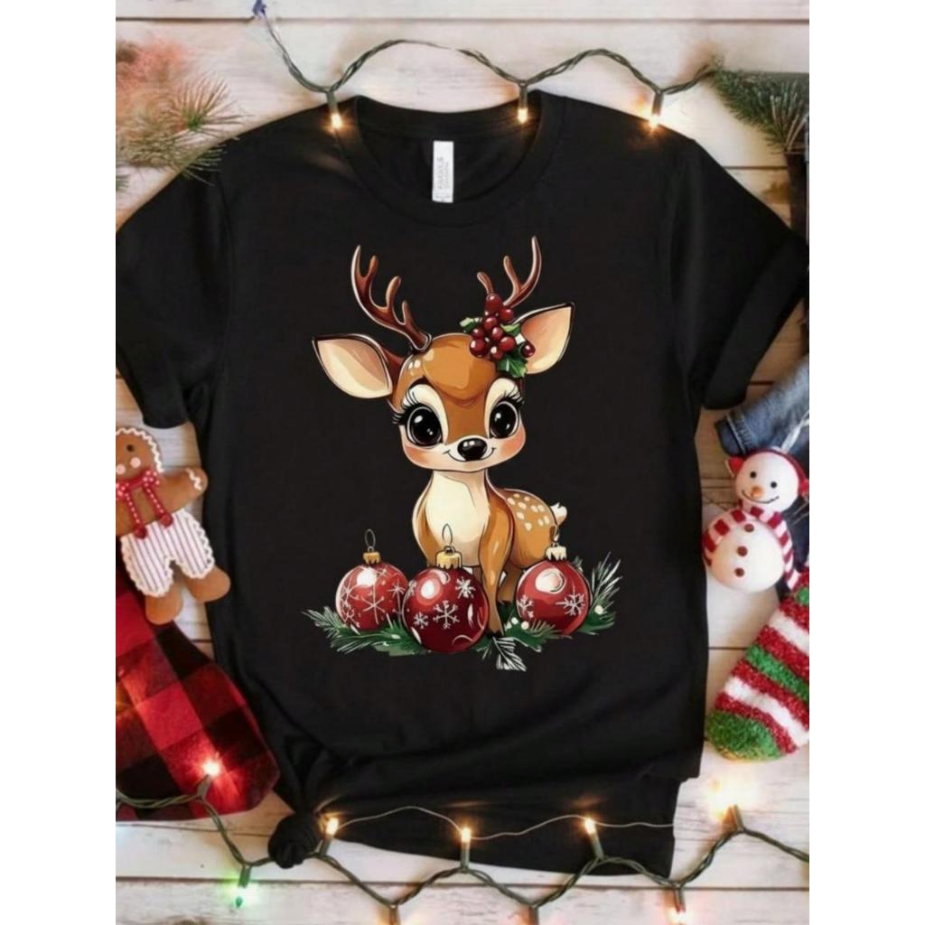 Blusa Camiseta Feminina Despojada Estilosa Estampada Rena de Natal