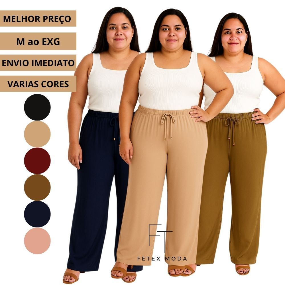 CALÇA PANTALONA Soltinha Duna cintura alta Feminina com elastex em Oferta na Shopee
