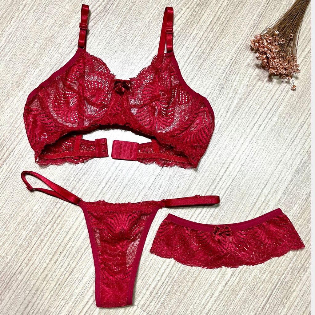 Conjunto Sutiã De Renda Sem Bojo Com Aro Calcinha Fio Dental De Renda Com Perneira Sensual