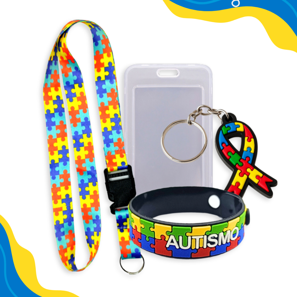 Kit Autismo 04 Peças - Cordão + Pulseira + Chaveiro + Porta Crachá - Kit Autista Completo em Oferta na Shopee