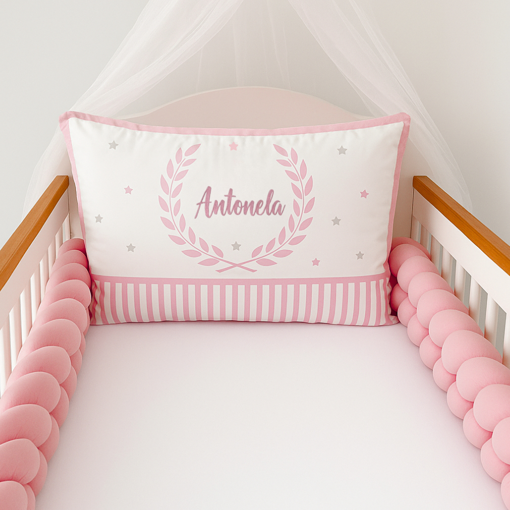 Kit Berço Americano Personalizado Menina Cabeceira c/ Nome Bordado + Trança 100% Algodão