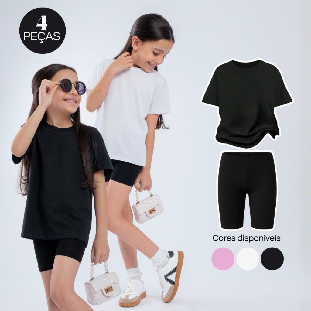 Kit 2 Conjuntos Infantil Juvenil Menina Camiseta Básica Preta e Bermuda Bike Estiloso Confortável Verão 2 ao 14