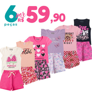 Kit 6 Peças de Roupas Infantil Menina Conjunto Verão Algodão