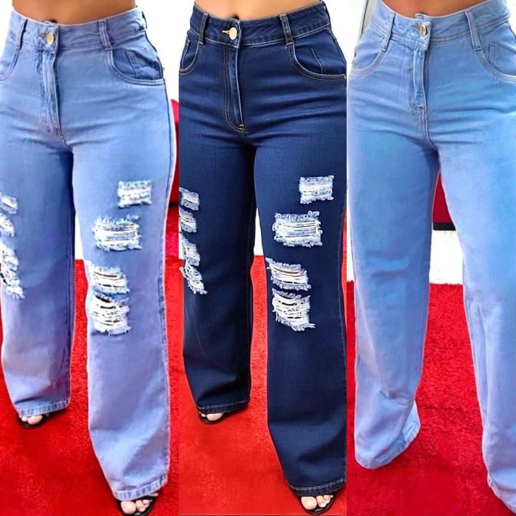 Calça WideLeg Jeans Feminina Denim Linha Premium Modela Bumbum Cintura Alta em Oferta na Shopee