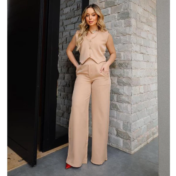 Conjunto na Alfaiataria Calça Pantalona Cintura Alta + Colete Sócial Escritorio