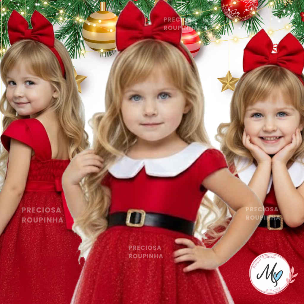 Vestido Infantil Natal Menina Natalino Vermelho Criança  Mamãe Noel Festa Luxo Roupa Menina