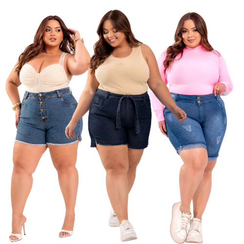 Short Jeans Plus Size com Elastano Feminino Cintura Alta Bermuda em Oferta na Shopee