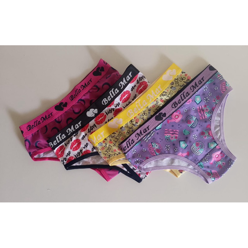 Kit com 4 Calcinhas Infantil Juvenil em Cotton Estampado 100% Algodão Calcinha Menina Moça com Elástico Exposto.