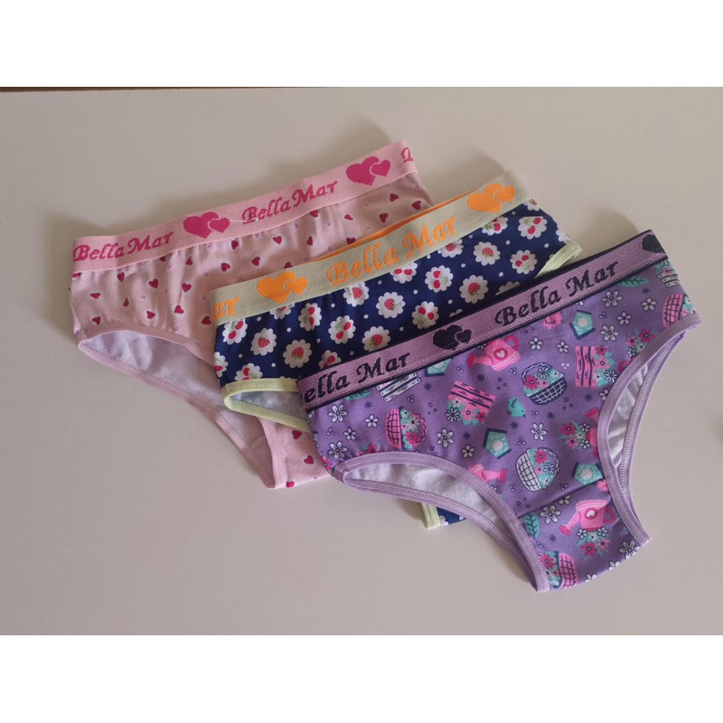 Kit com 3 Calcinhas Infantil Juvenil em Cotton Estampado 100% Algodão Calcinha Menina Moça com Elástico Exposto.