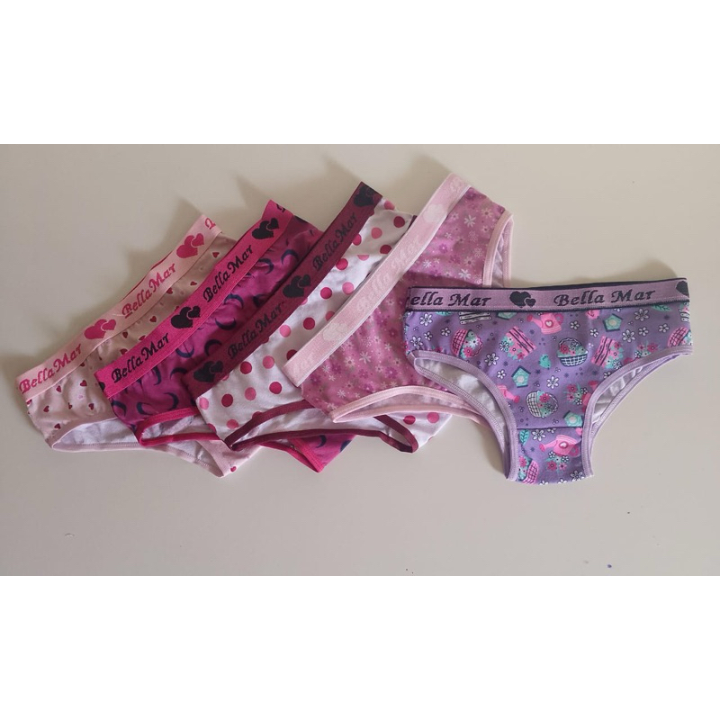 Kit com 5 Calcinhas Infantil Juvenil em Cotton Estampado 100% Algodão Calcinha Menina Moça com Elástico Exposto.
