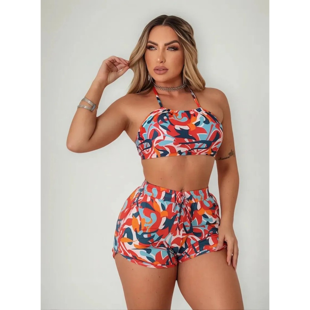 Conjunto Biquíni Top Cropped C/ Bojo E Short C/ Bolso Praia / Piscina
