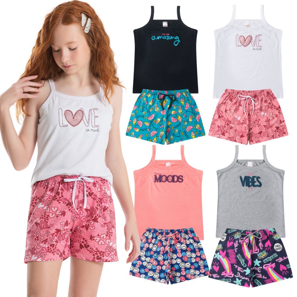 Kit 2 Conjuntos Juvenil de Verão Feminino Roupa Infantil de Verão Camiseta de Alça + Short Estampado
