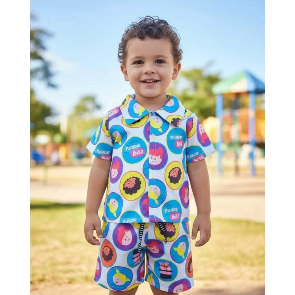Conjunto Mauricinho camisa social com shorts Tema Mundo Bita ( pronta entrega ) envio imediato meninos infantil