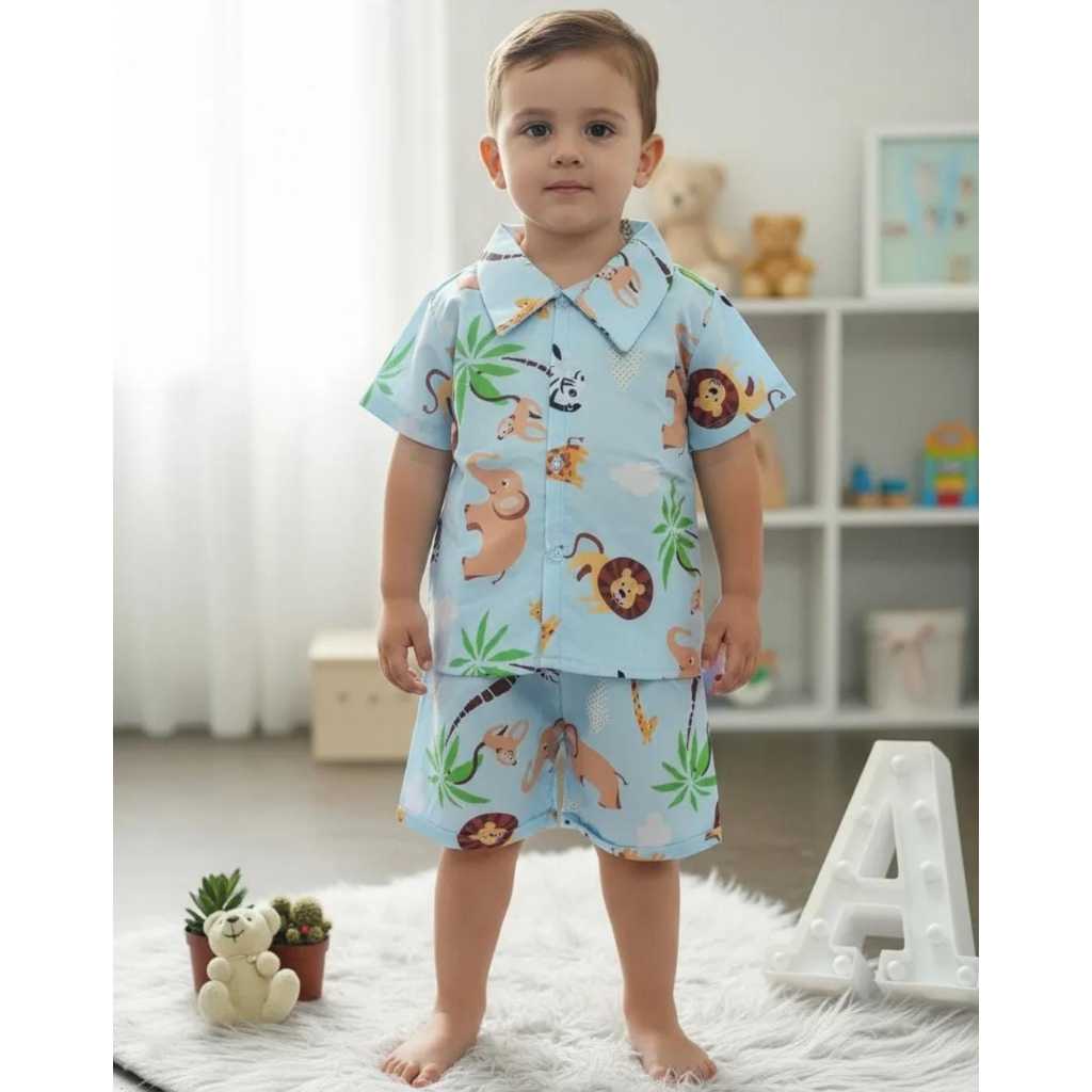 Conjunto Mauricinho camisa social com shorts Tema Safari Azul ( pronta entrega )envio imediato meninos infantil