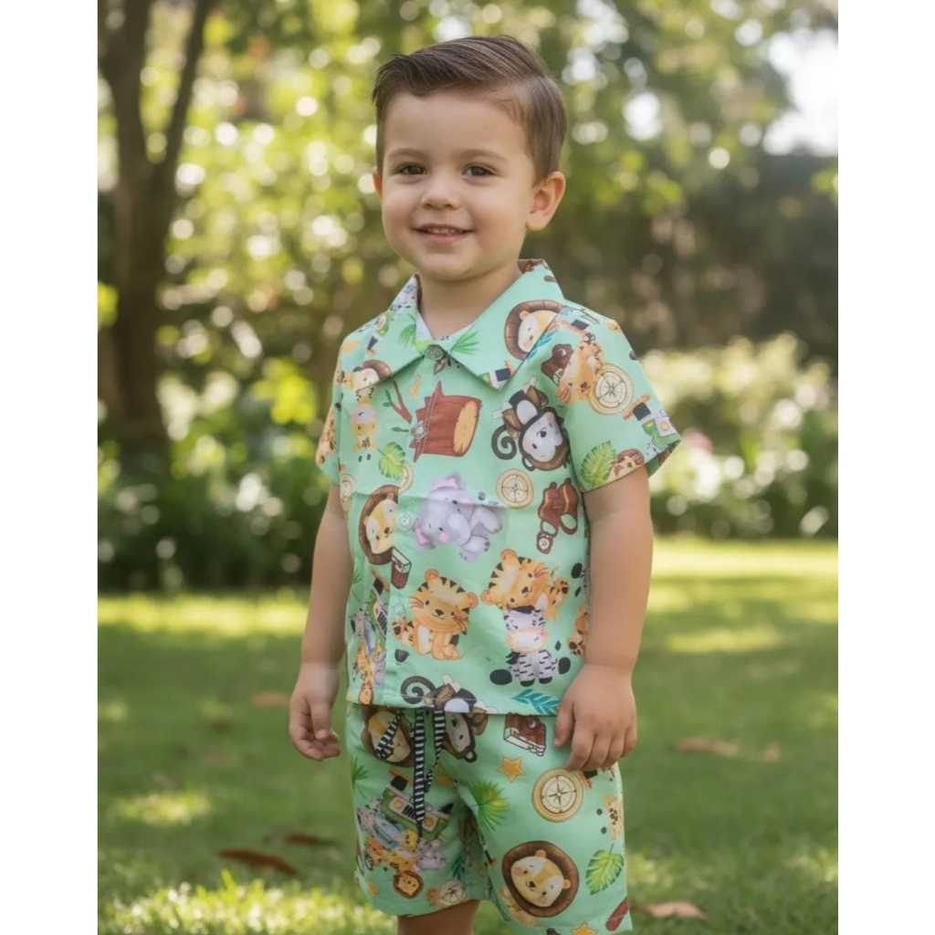 Conjunto Mauricinho camisa social com shorts Tema Safari Verde ( pronta entrega ) envio imediato meninos infantil