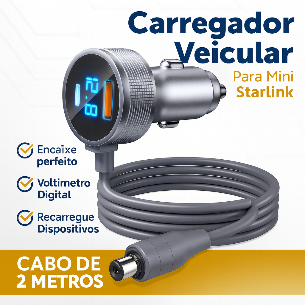 Carregador Veicular Starlink Mini 12V/24V Cabo 2M com Voltímetro | USB-C + USB-A | Carro Automotivo