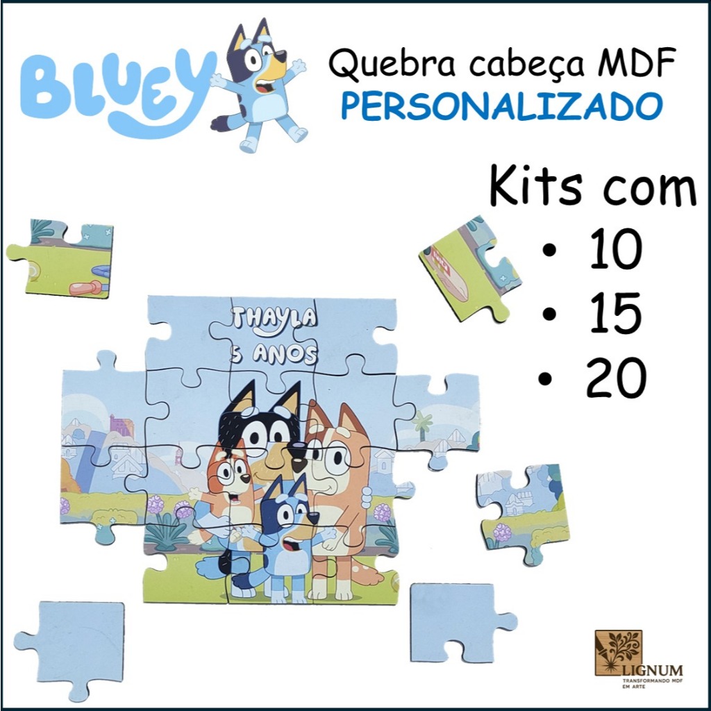 Kit Quebra-Cabeça Bluey Personalizado com Nome e idade em MDF – Lembrancinha de Aniversário Infantil