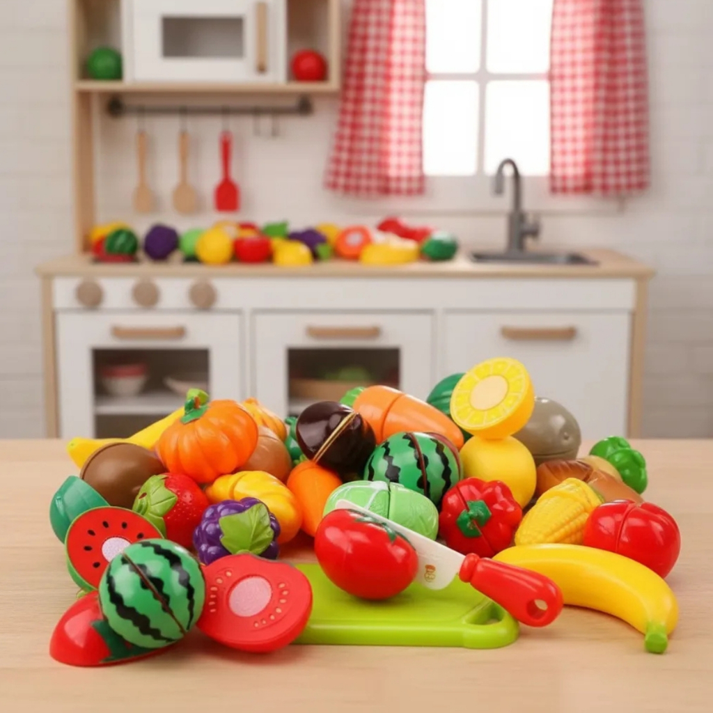 Kit Frutinhas Legumes de Brinquedo Com Velkro Cortar Faca Pizza Sorvete Doces Crec Crec Completo