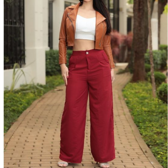 Calça Feminina Pantalona Alfaiataria Tecido Premium Duna Cintura Alta Com Bolso Elastico na cintura calça flare botão