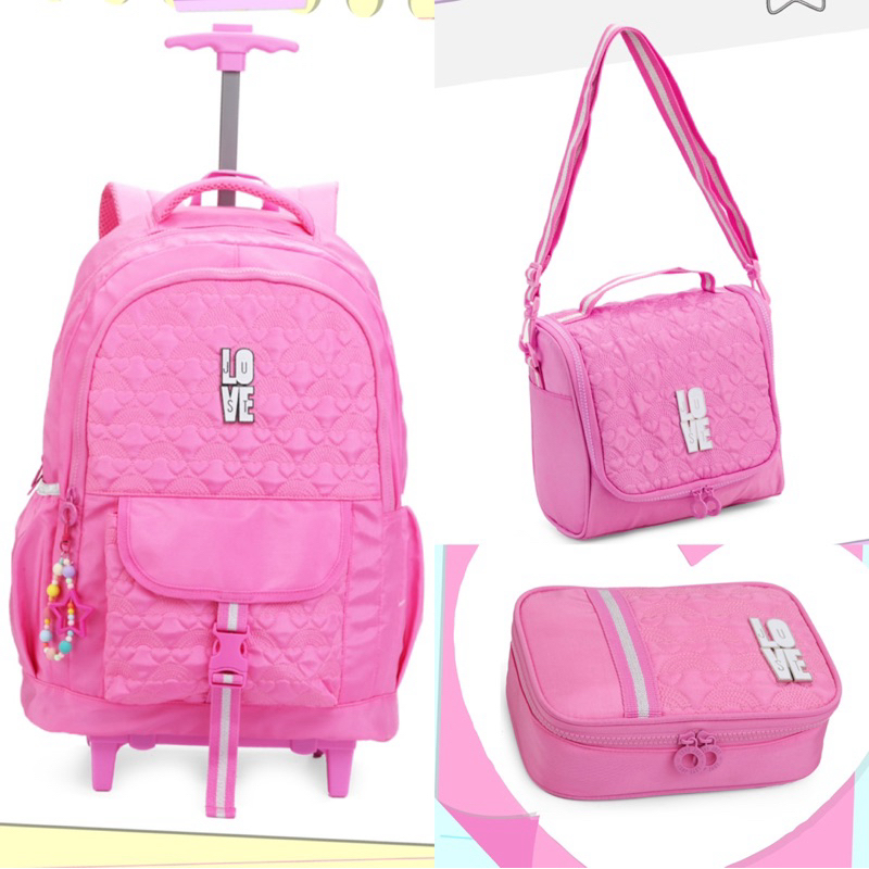 KIT MOCHILA DE RODINHA COM LANCHEIRA E ESTOJO JUVENIL FEMININA DENLEX