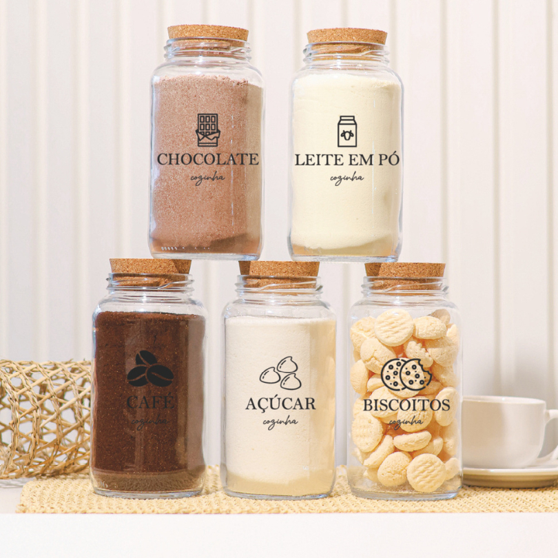 Cantinho do Café 810ml com ICON | ESCOLHA SEU KIT | Potes de Vidro | Cortiça com ou sem Adesivos | Armazenamento em Oferta na Shopee