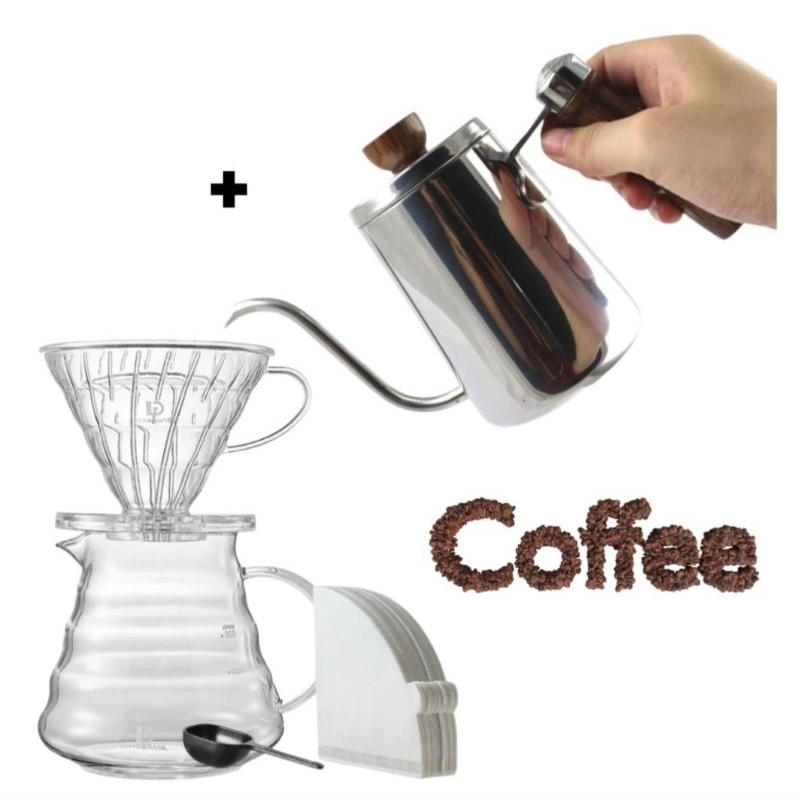 Kit Barista Jarra Vidro + Suporte + 40 filtros papel V60 02 Hario + Colher dosadora + Chaleira Inox bico Ganço