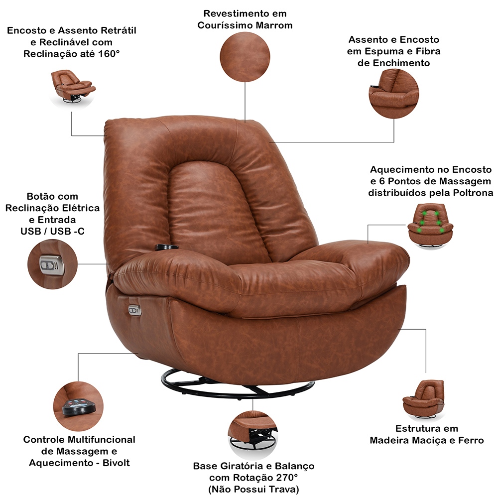 Poltrona Reclinável Elétrica com Massagem e Aquecimento Salvana L07 Couríssimo Marrom - Lyam Decor — imagem 2 de 2