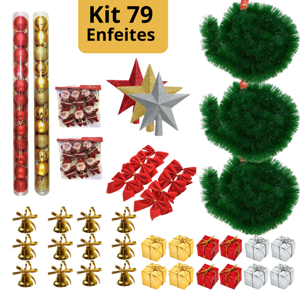 Kit 79 Enfeites Para Árvore de Natal com Estrela, Bolinha 4cm, 5cm, lacinho,3 Festões, etc