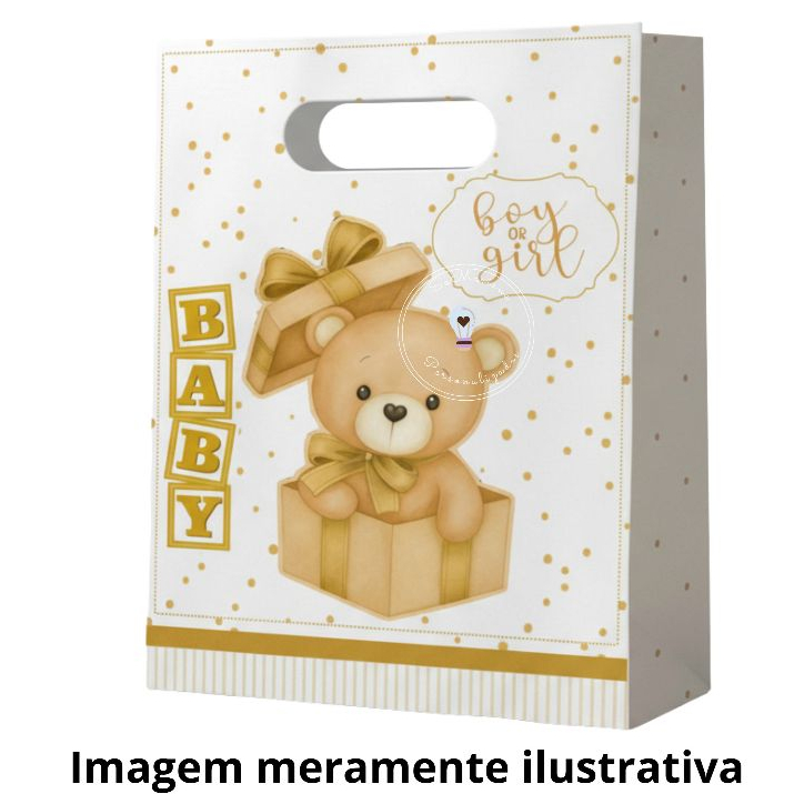Sacolinha Surpresa Personalizada M - CHÁ REVELAÇÃO URSINHO DOURADO Lembrancinha de festa Infantil PEGUE E MONTE