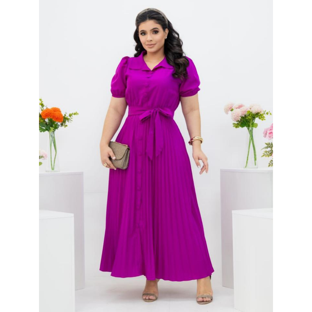 Vestido Longo Elegante de Festa Casual Modesto Plissado Chemise com Botão e Faixa em Oferta na Shopee