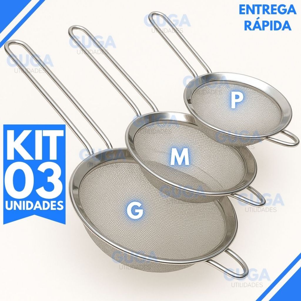 Kit 3 Peneiras Inox Cozinha 16cm 14cm 12cm Malha Fina Resistente Para Suco Farinha Óleo Alimentos Qualidade Premium em Oferta na Shopee
