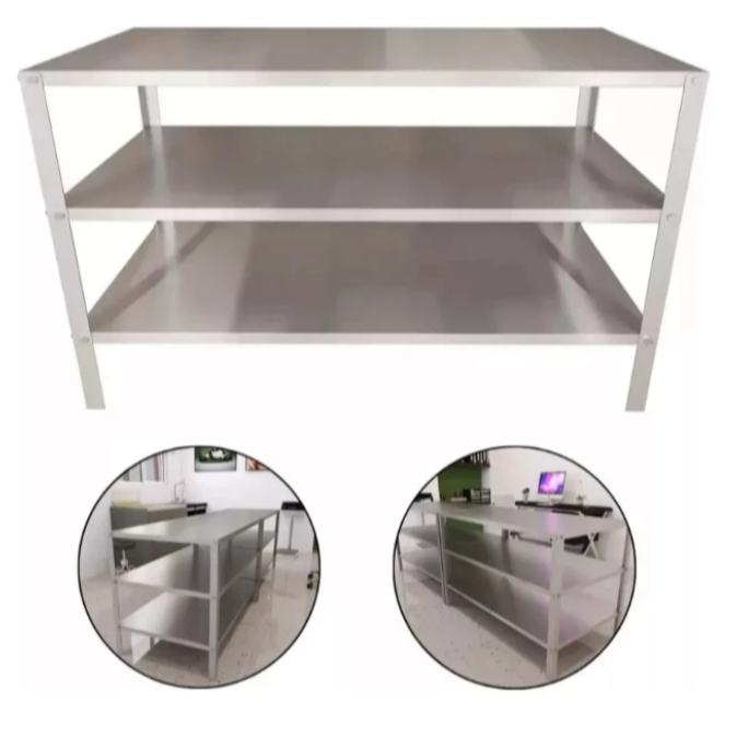 Mesa Aço Industrial  90x50x81cm com 3 Prateleiras – Ideal para Cozinha Industrial, Hamburgueria, Padaria e Restaura em Oferta na Shopee