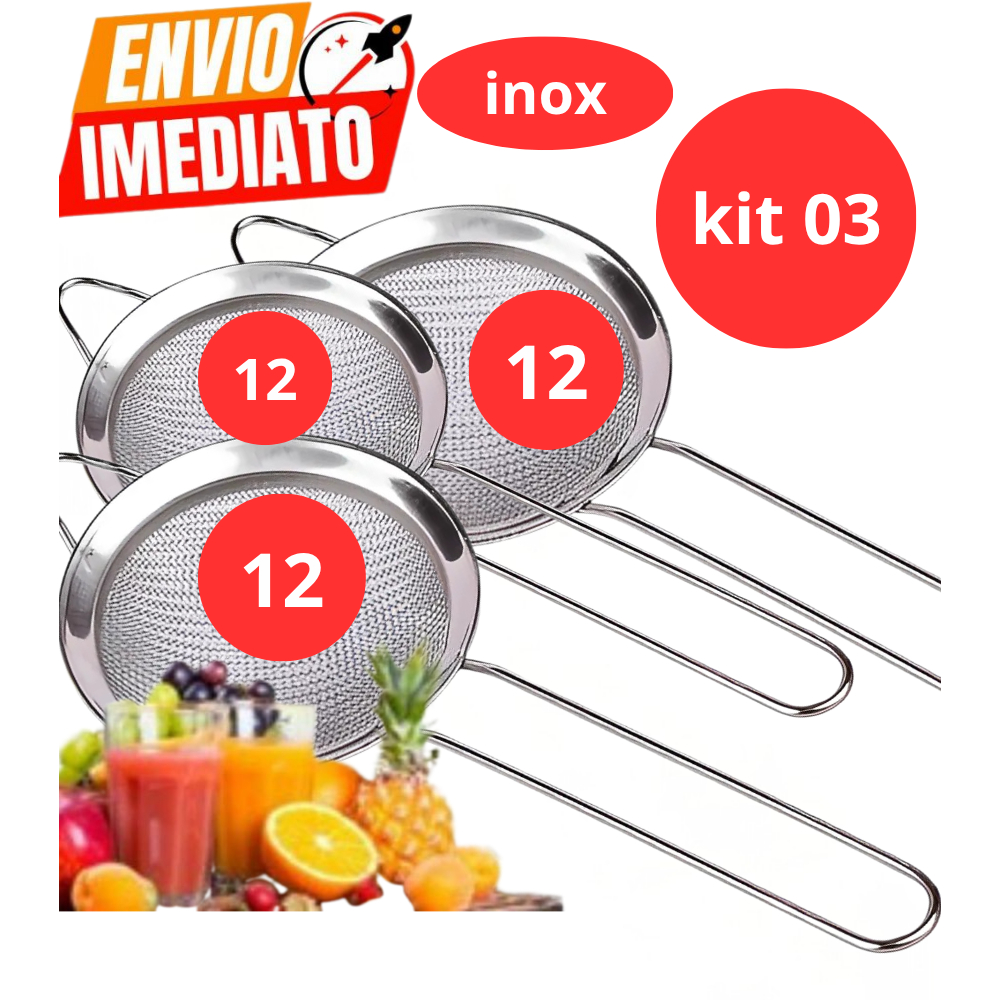 Kit 03 Peneira 12CM 100% Inox Sucos Farinhas Tapioca Bebidas Prático Durável Casa Cozinha Restaurante Barman Qualidade