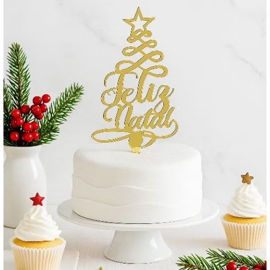 Topo de Bolo Personalizado - Topo de Bolo Feliz Natal - Topo em Acrílico  Espelhado