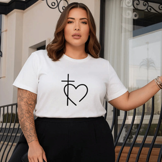 Camiseta Plus Size Feminina Cristão Estampada Coração Cruz Grande 100% Algodão Premium Verão Blusa Camisa em Oferta na Shopee