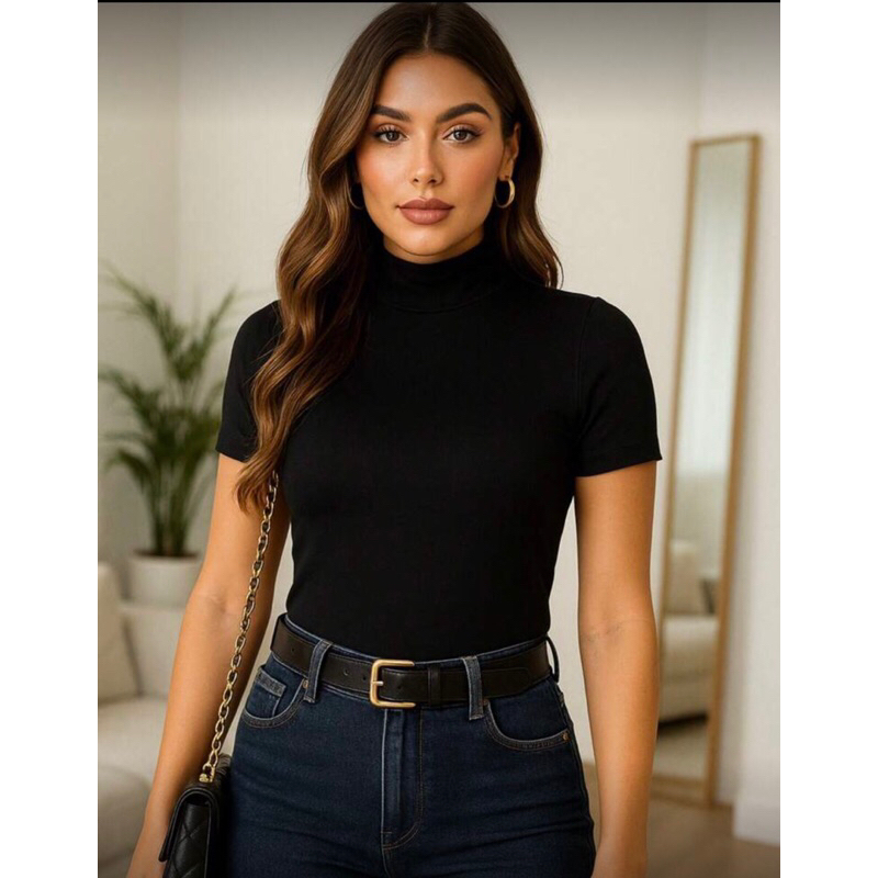 Blusa gola alta manga curta em Oferta na Shopee