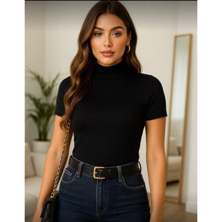 Blusa gola alta manga curta em Oferta na Shopee