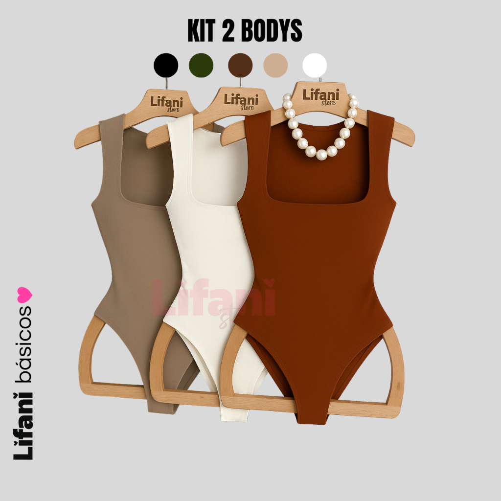 Kit 2 Body Feminino Decote Quadrado com Forro Alças Grossas Básico Casual Elegante