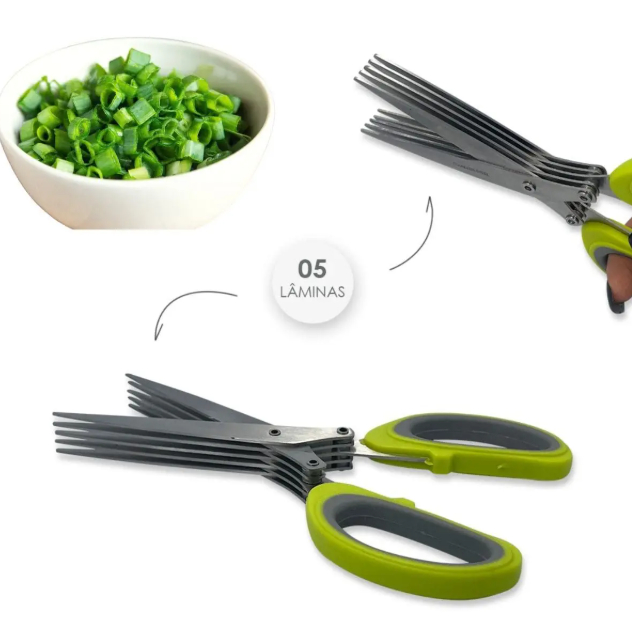 Tesoura Culinária Multi Lâminas 5 Camadas Corte Rápido de Temperos e Ervas Frescas