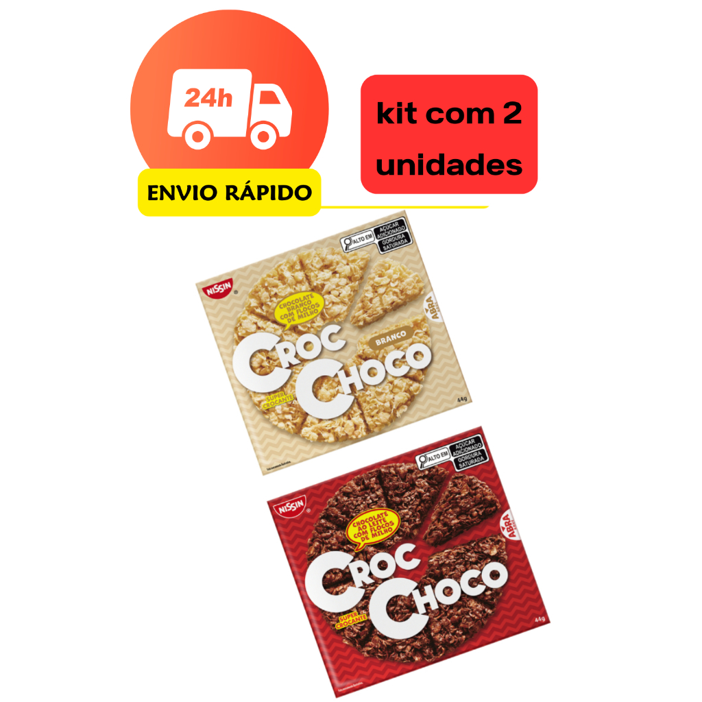 Kit caixa nissin Croc Choco Nissin 44g, 1 Unidade Chocolate Branco + 1 Unidade Chocolate Ao Leite