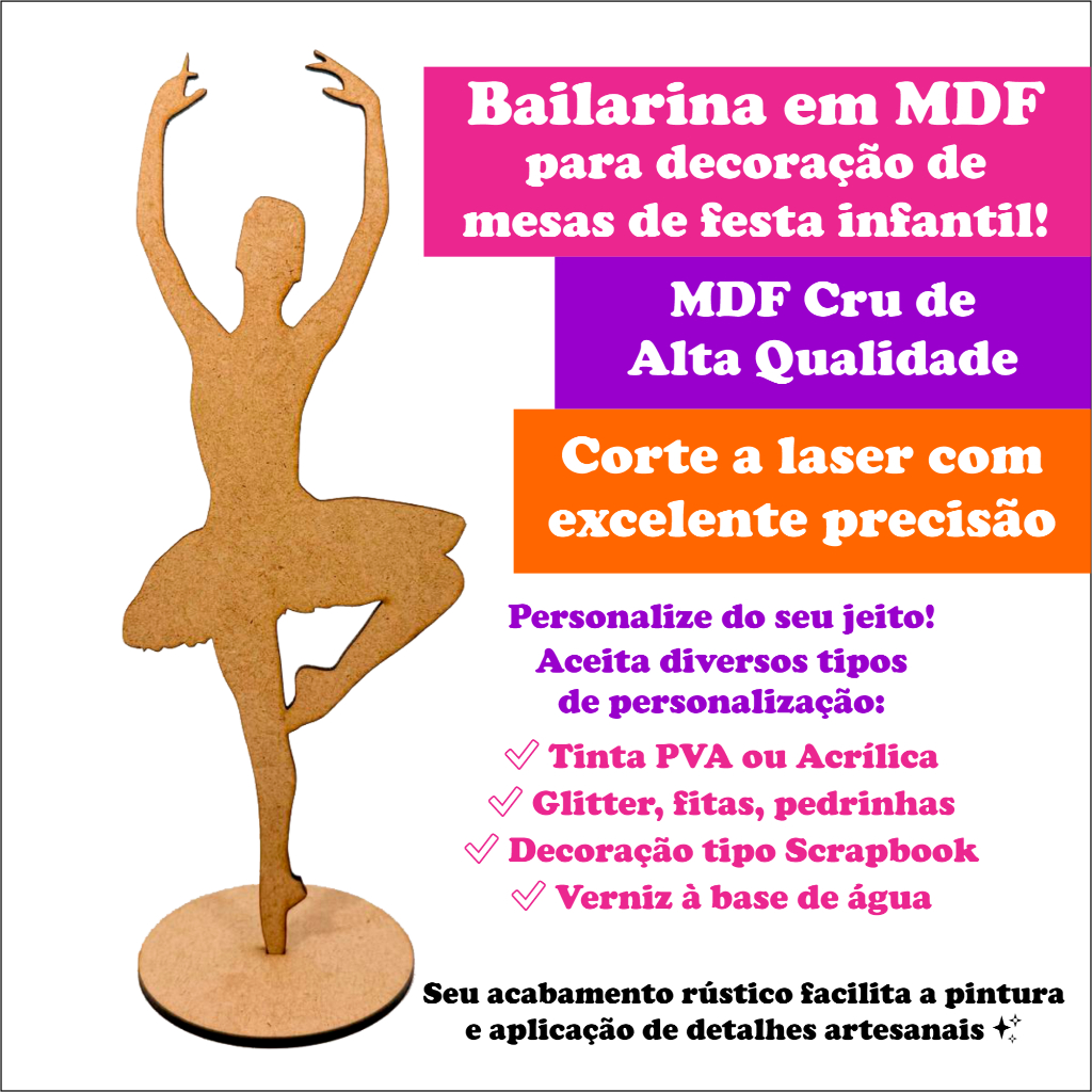 Kit 10 Bailarina MDF Decoração Mesa Festa Ballet 15cm 20cm 25cm com Base | Enfeite Laser Scrapbook Aniversário — imagem 2 de 2