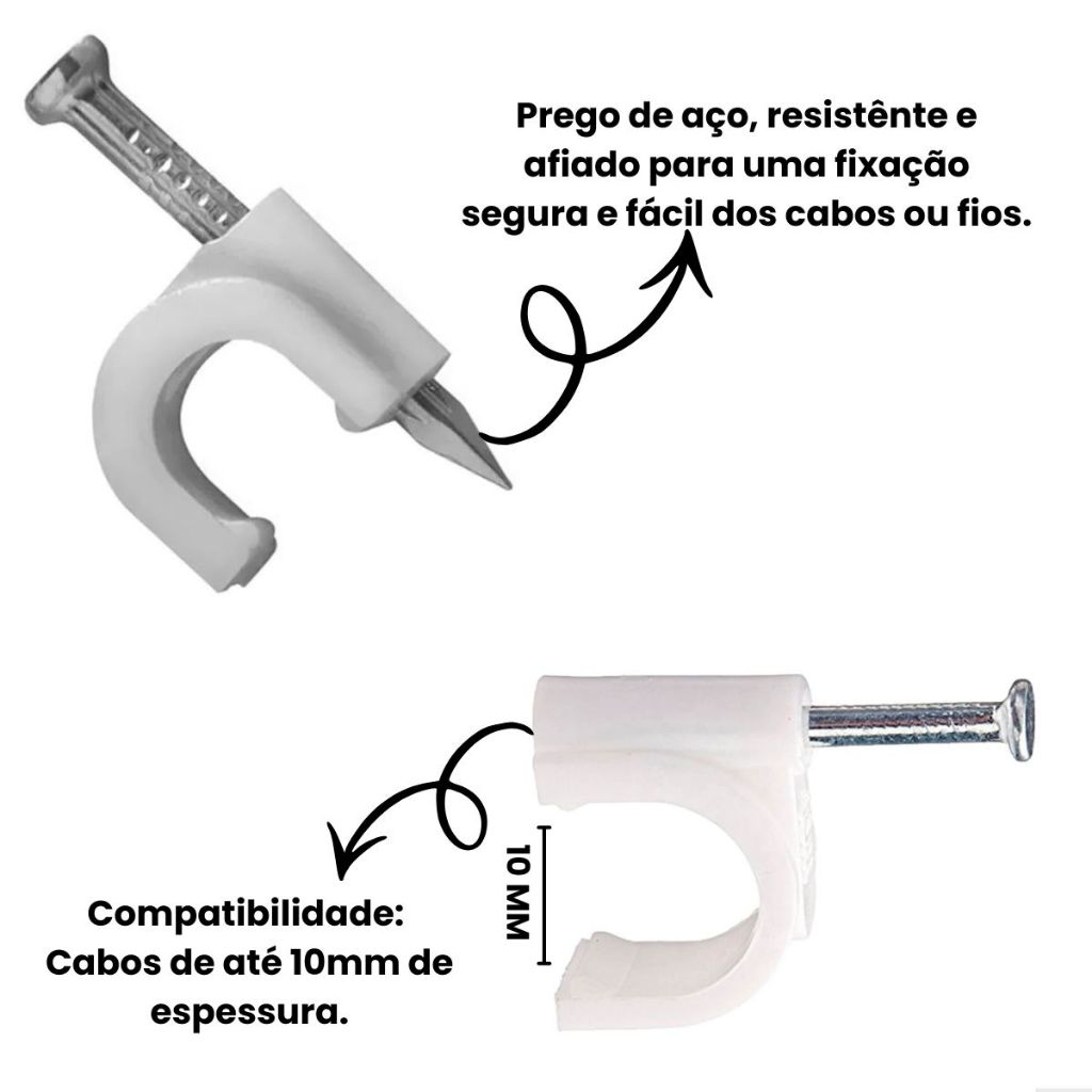 Kit Fixador de Fios Cabo de Rede Tv Coaxial Parede Moveis com Prego De Aço Kits Até 1000 Unid
