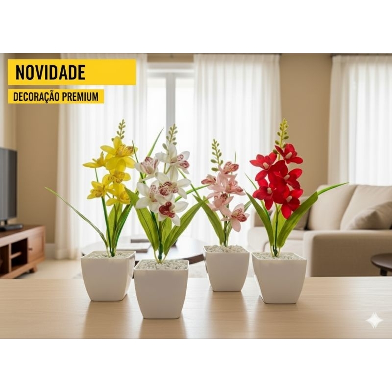 Kit 4 Vaso Decorativo com Flor Artificial de Orquídea Arranjo Realista para Sala