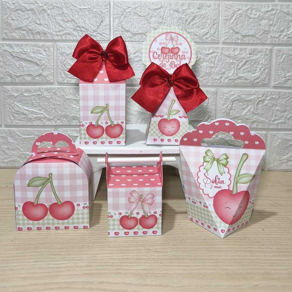 Kit Personalizados Caixinhas CEREJINHA AQUARELA VERDE E ROSA Lembrancinhas Aniversario-festa PEGUE E MONTE