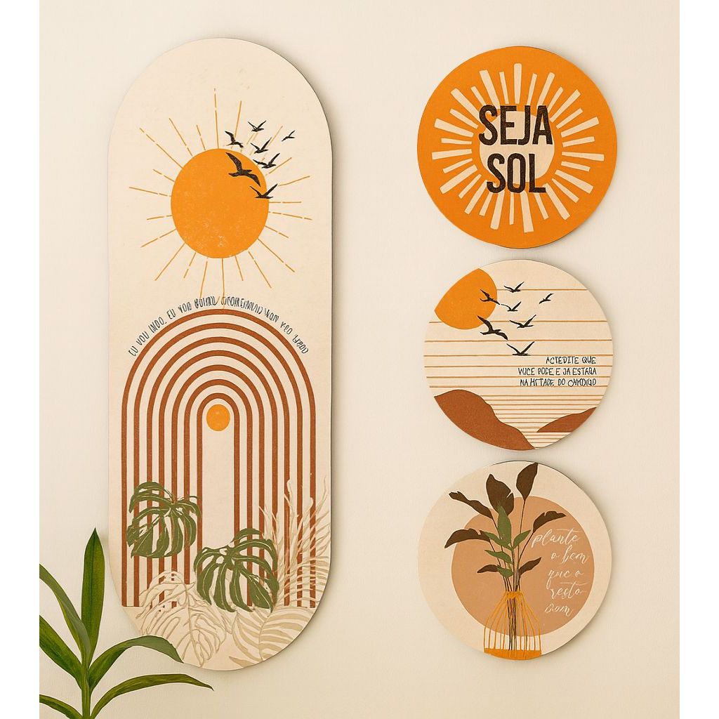 Kit 4 Placas MDF Boho Minimalista Decorativas Sala Quarto Escritório Sol Pássaro Folhagem Terracota