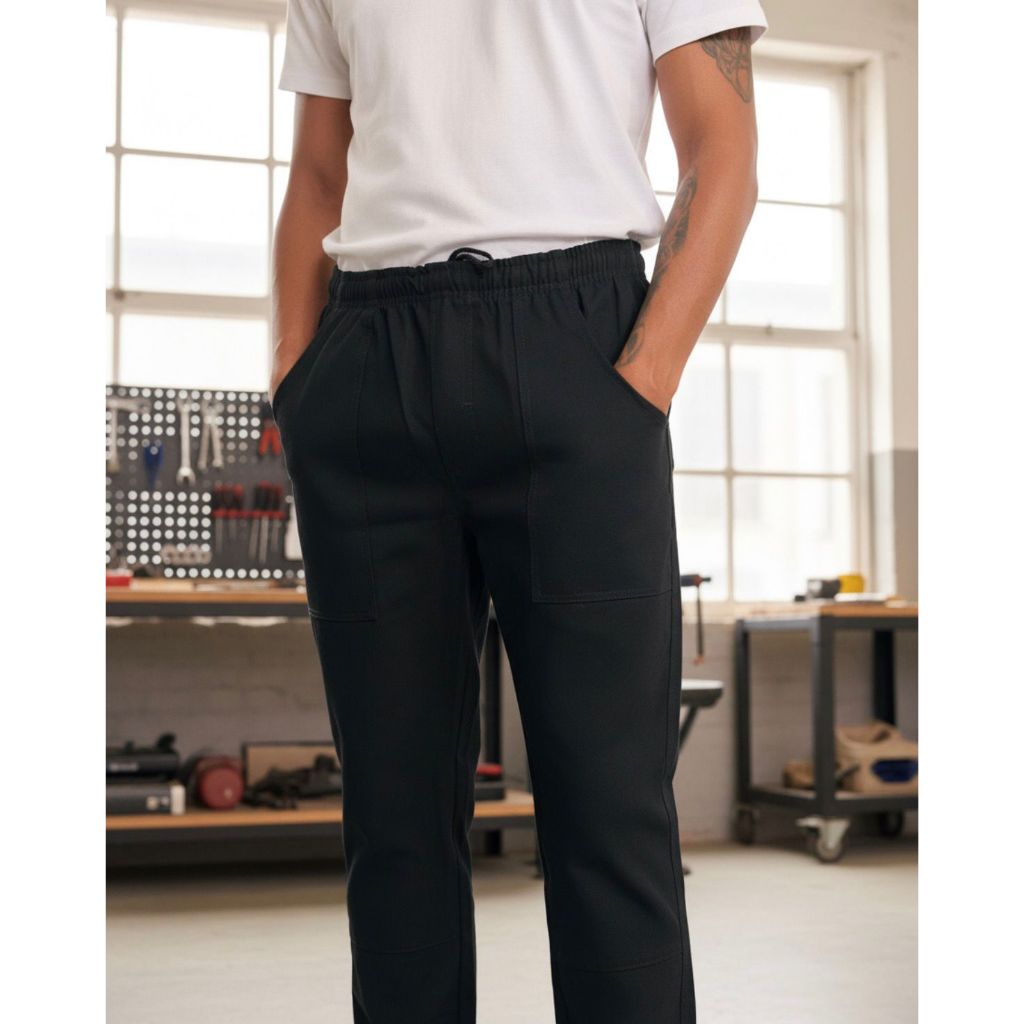Calça Em Brim Elástico Total Preto Para Trabalho Segurança Mecânico Pedreiro Industria Obra